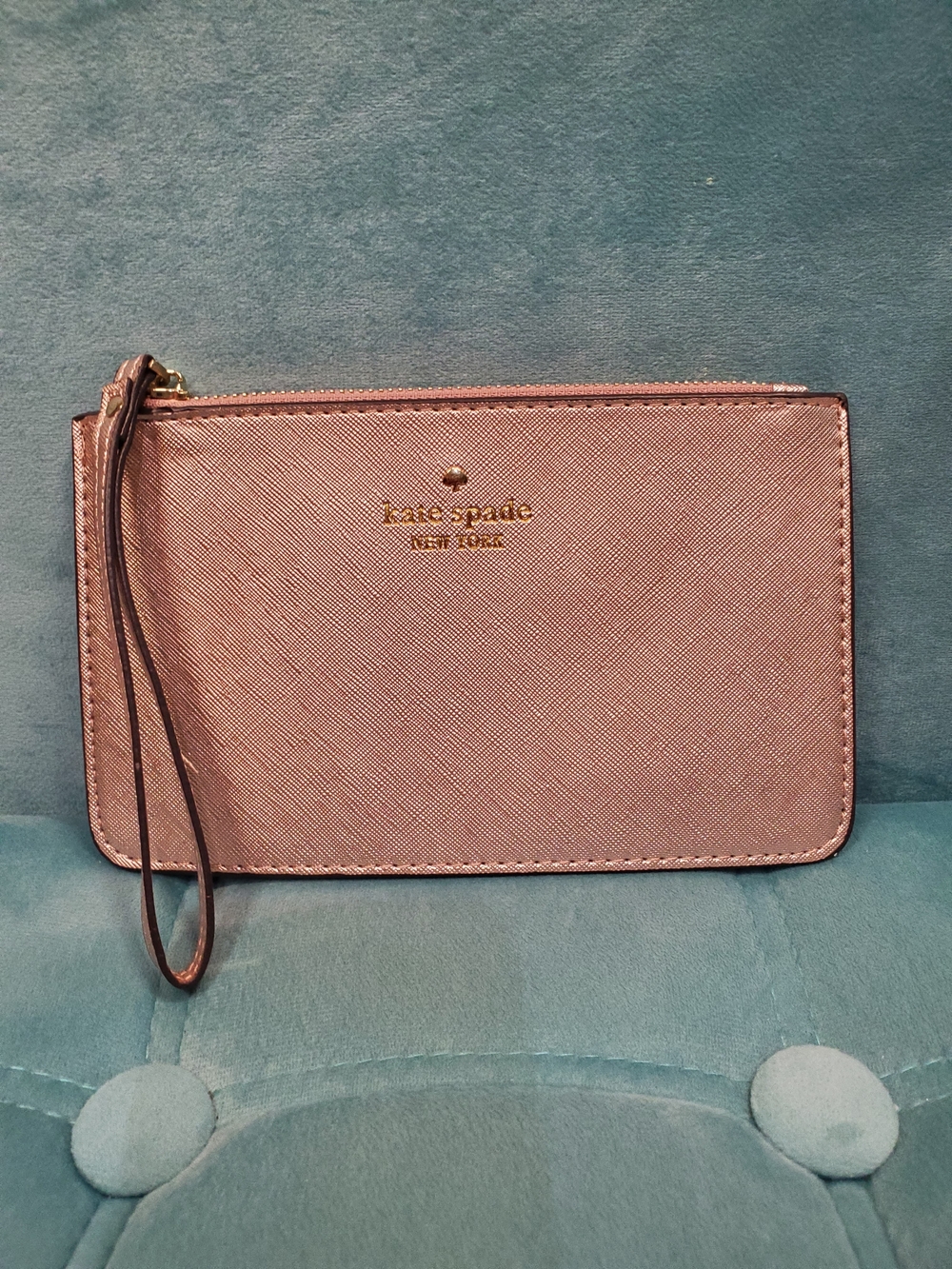 Kate Spade New York Rose Gold Metallic Saffiano Leather Zip Wristlet